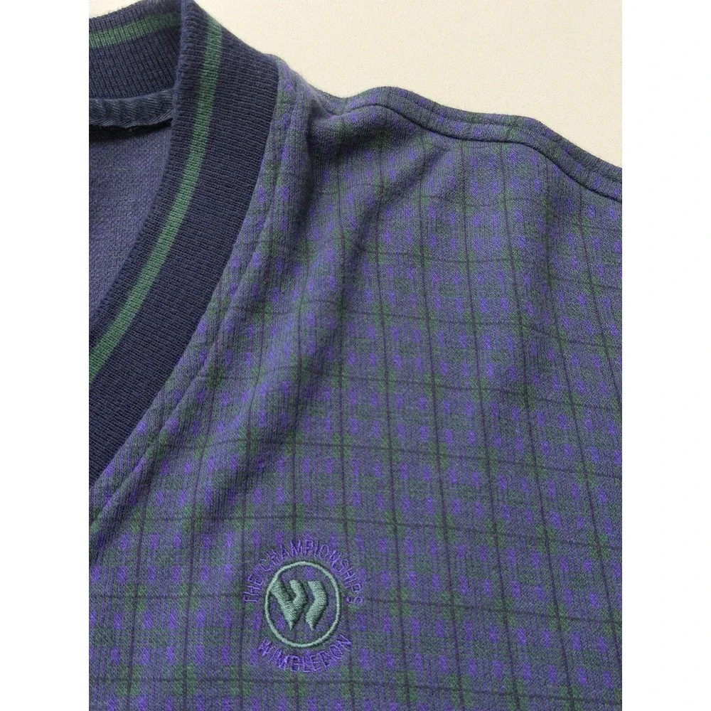 Wimbledon Vintage All England Tennis V-Neck Sweater Navy Plaid XL Mens